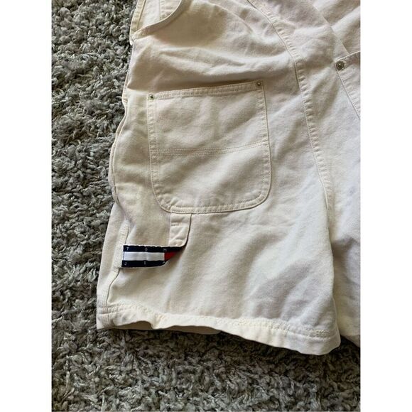 Tommy Hilfiger Y2K vtg 90’s off white LOGO Overalls Bibs Jean Shorts sz S - Picture 5 of 7